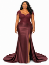 ChicSew Fancy Cap Sleeves Soft Satin Lace Applique Mermaid Side Slit Maxi Long Bridesmaid Dresses