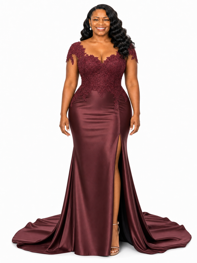 ChicSew Fancy Cap Sleeves Soft Satin Lace Applique Mermaid Side Slit Maxi Long Bridesmaid Dresses