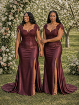 ChicSew Fancy Cap Sleeves Soft Satin Lace Applique Mermaid Side Slit Maxi Long Bridesmaid Dresses