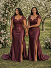 ChicSew Fancy Cap Sleeves Soft Satin Lace Applique Mermaid Side Slit Maxi Long Bridesmaid Dresses