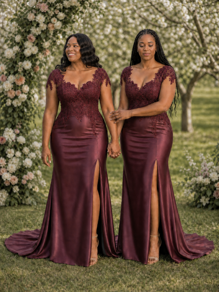 ChicSew Fancy Cap Sleeves Soft Satin Lace Applique Mermaid Side Slit Maxi Long Bridesmaid Dresses