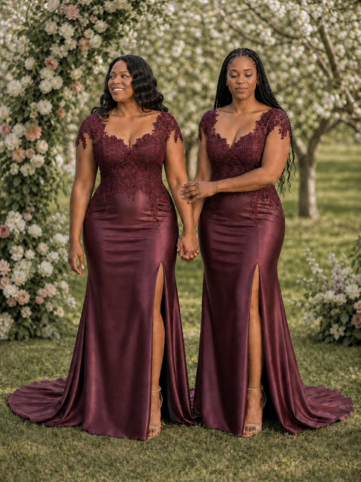 ChicSew Fancy Cap Sleeves Soft Satin Lace Applique Mermaid Side Slit Maxi Long Bridesmaid Dresses