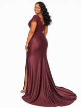 ChicSew Fancy Cap Sleeves Soft Satin Lace Applique Mermaid Side Slit Maxi Long Bridesmaid Dresses