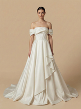 A-Line Off Shoulder Ruffles Boning Maxi Long Satin Wedding Dresses Online