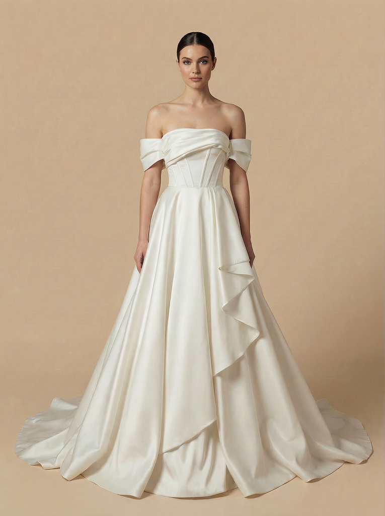 A-Line Off Shoulder Ruffles Boning Maxi Long Satin Wedding Dresses Online