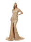 Sparkly Off Shoulder Sleeveless Side Slit Mermaid Sequined Long Evening Prom Dresses