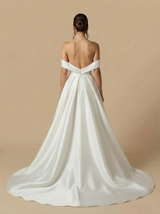 A-Line Off Shoulder Ruffles Boning Maxi Long Satin Wedding Dresses Online