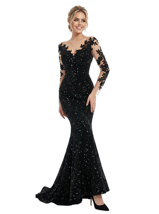 Beautiful Floral Applique Long Sleeves Sequin V-Neck Mermaid Prom Dress