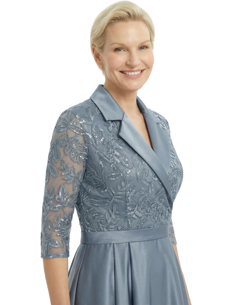 Timeless Scalloped V-Neck Lace Satin Mother of the Bride Gown With Sleeve