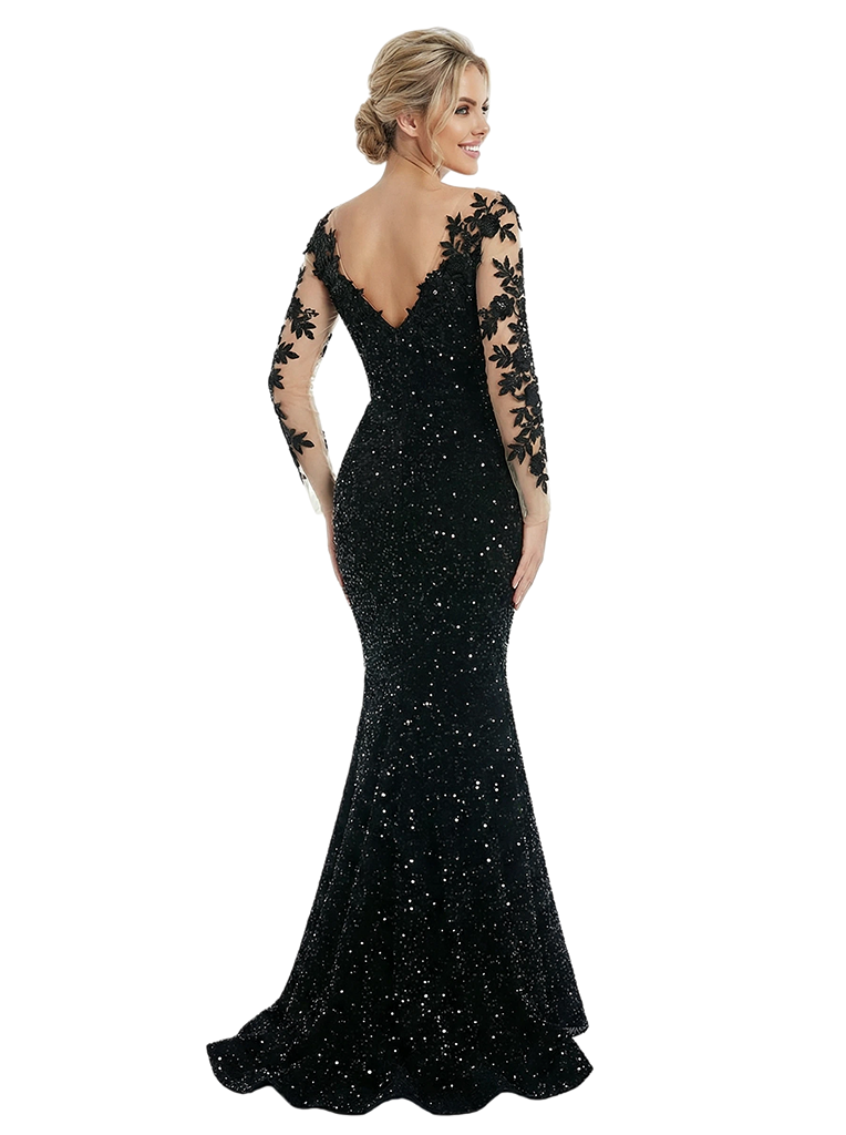 Beautiful Floral Applique Long Sleeves Sequin V-Neck Mermaid Prom Dress