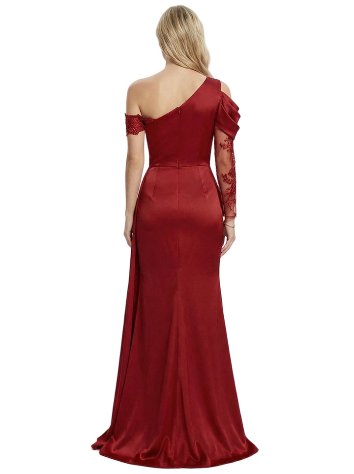 Classy Mermaid Side Slit Asymmetrical Lace Long Sleeve Ruched Satin Prom Gown With Side Drape