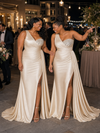 ChicSew One Shoulder Side Slit Soft Satin Long Mermaid Bridesmaid Dresses With Rhinestone