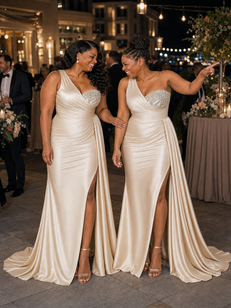 ChicSew One Shoulder Side Slit Soft Satin Long Mermaid Bridesmaid Dresses With Rhinestone