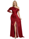 Classy Mermaid Side Slit Asymmetrical Lace Long Sleeve Ruched Satin Prom Gown With Side Drape