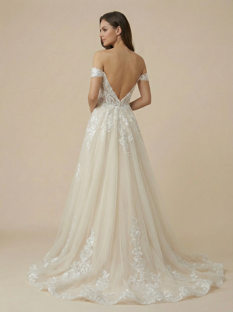 A-Line Off Shoulder Boning Lace And Tulle Maxi Long Wedding Dresses Online