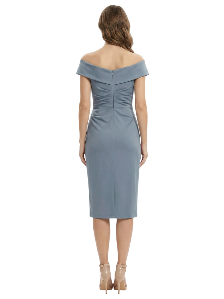 Elegant Off-the-Shoulder Knee Length Mother of the Bride Dress with Modern Ruched Sheath Silhouette