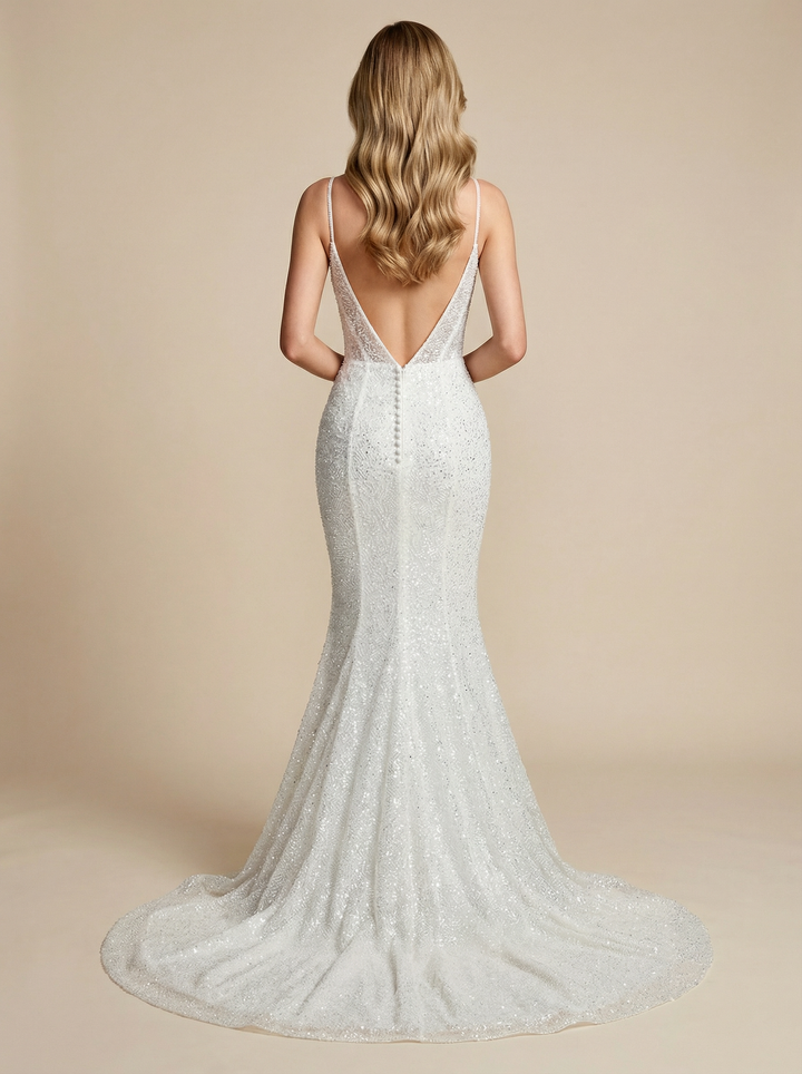 Mermaid Cold Shoulder Boning Maxi Long Sequin Wedding Dresses Online