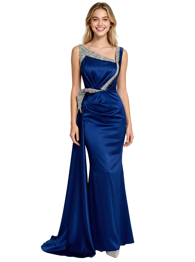 Chic Asymmetrical Glitter Rhinestone Mermaid Ruched Prom Dress With Side Drape