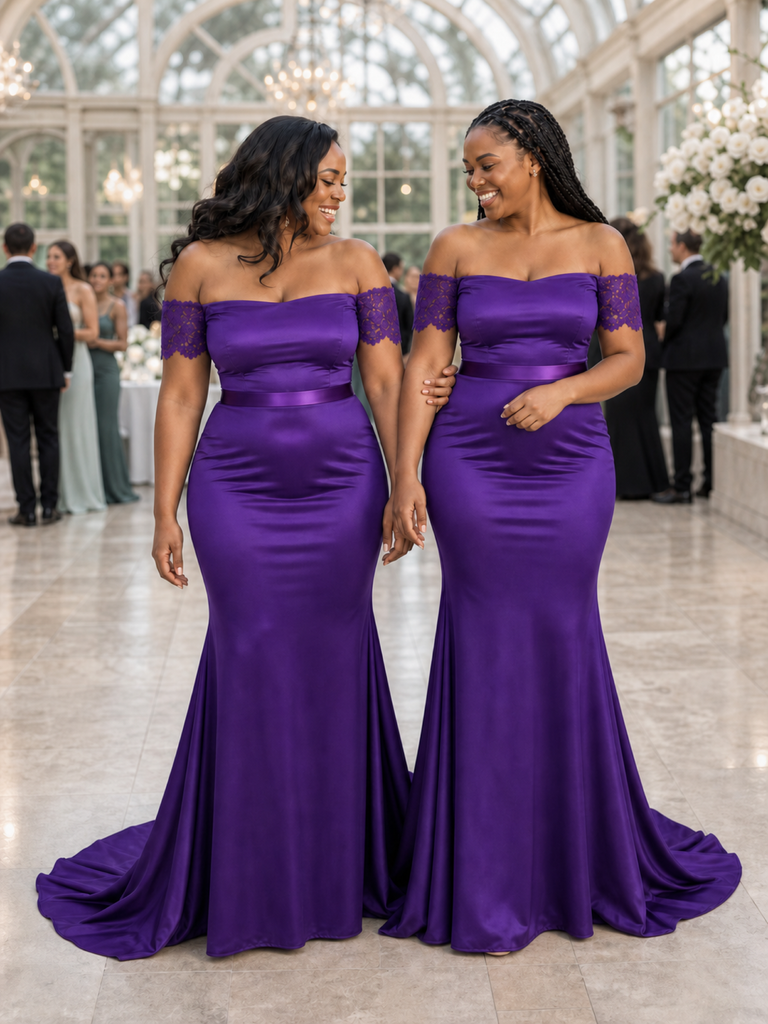 ChicSew Fancy Off Shoulder Soft Satin Maxi Mermaid Long Bridesmaid Dresses