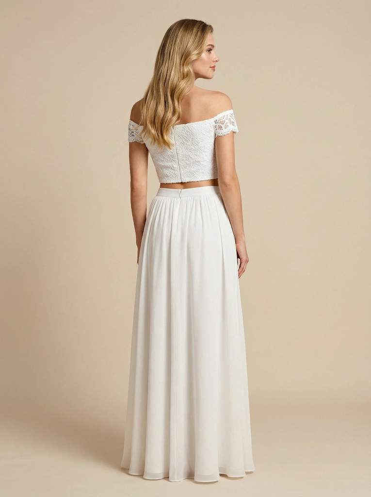 A-Line Off Shoulder Lace And Chiffon Maxi Long Wedding Dresses Online