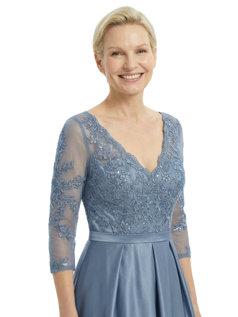 Timeless V-Neck Lace Satin Mother of the Groom Gown With Sleeve