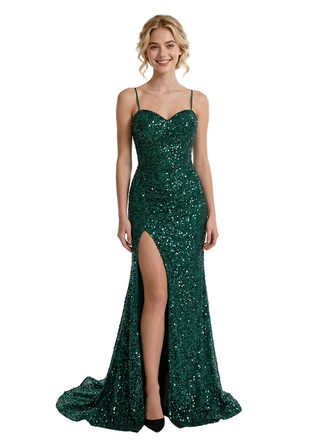 Sparkly Spaghetti Straps Sleeveless Side Slit Mermaid Sequined Long Evening Prom Dresses
