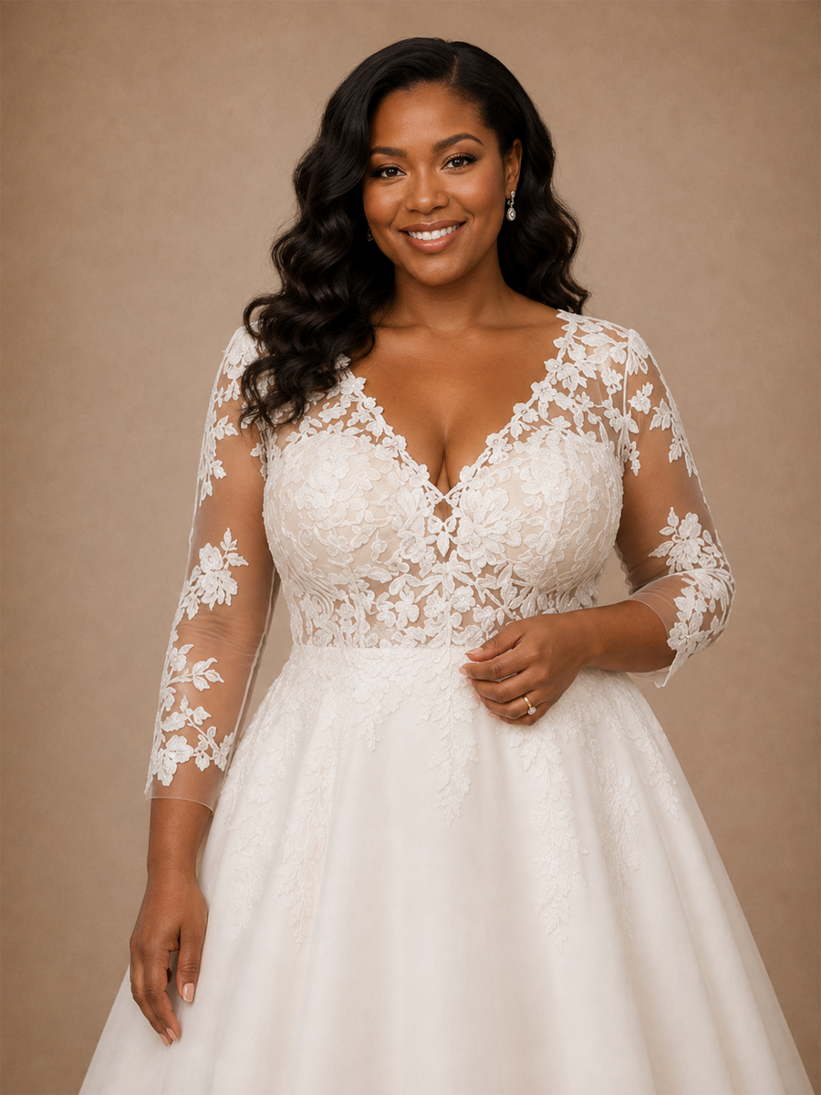 ChicSew Elegant V-Neck Long Sleeves A-Line Lace Appliques Crepe Maxi Wedding Dress