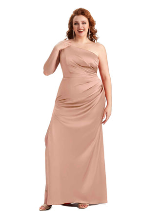 One Shoulder Rose Gold Satin Long Bridesmaid Dresses