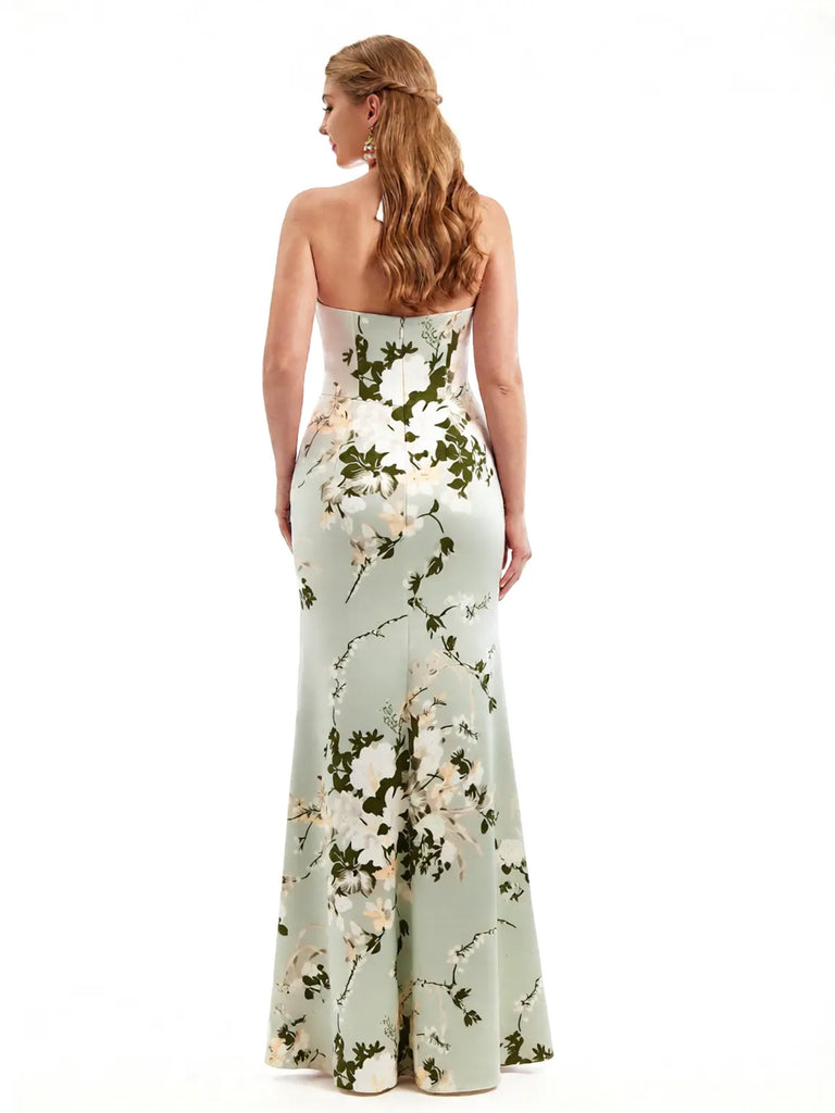 Beautiful Halter Side Slit Mermaid Floral Satin Maxi Floral Formal Dresses For Women