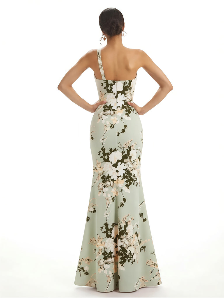 Elegant One Shoulder Side Slit Mermaid Floral Satin Maxi Floral Formal Dresses For Women