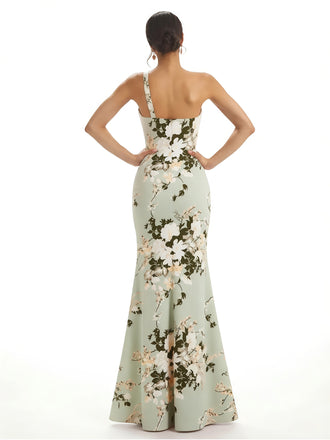 Elegant One Shoulder Side Slit Mermaid Floral Satin Maxi Floral Formal Dresses For Women