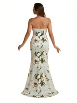 Trendy Sweetheart Strapless Side Slit Mermaid Long Satin Floral Formal Dresses For Women