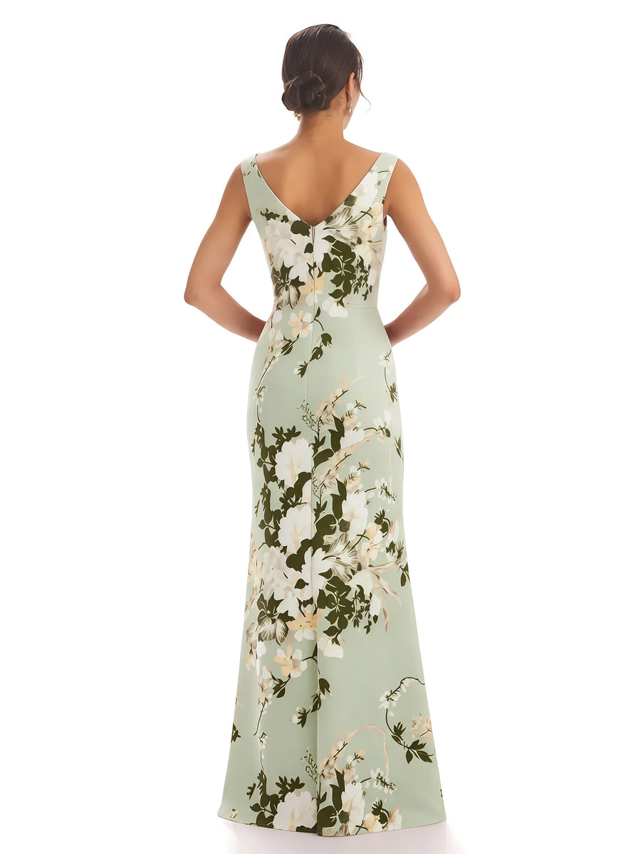 Trendy V-Neck Mermaid Floral Satin Maxi Floral Formal Evening Dresses For Women