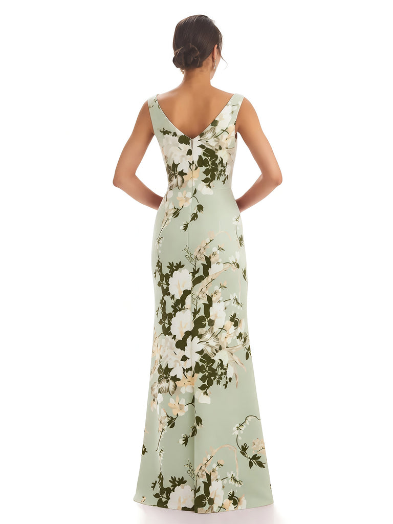 Trendy V-Neck Mermaid Floral Satin Maxi Floral Formal Evening Dresses For Women