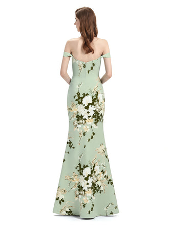 Elegant Off Shoulder Mermaid Side Slit Floral Satin Maxi Floral Formal Dresses For Women
