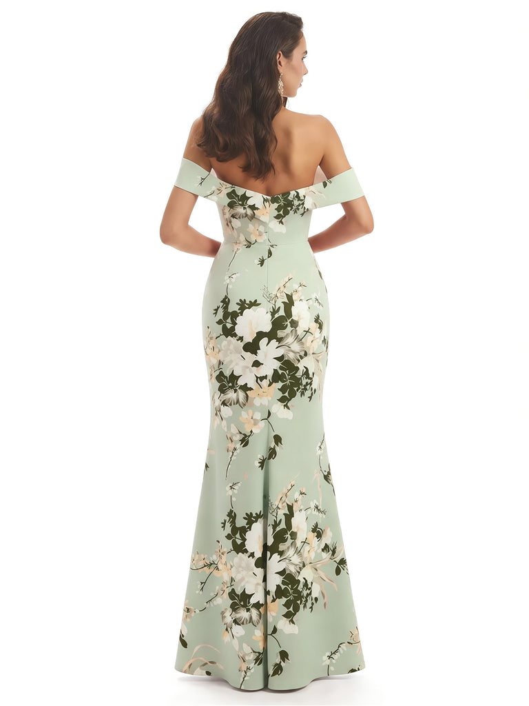 Elegant Off Shoulder Mermaid Floral Satin Maxi Floral Formal Evening Dresses