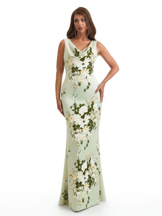 Elegant Spaghetti Straps Cowl Mermaid Long Satin Floral Formal Evening Dresses For Ladies