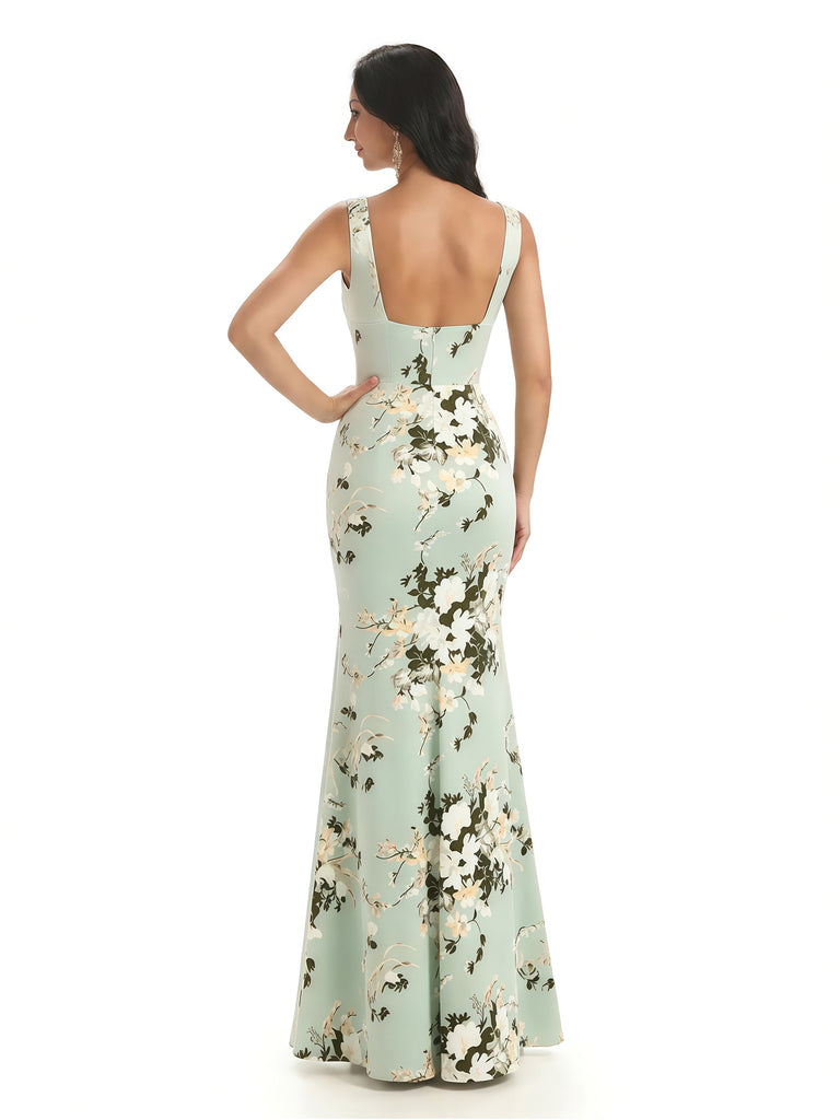 Elegant Spaghetti Straps Square Mermaid Long Satin Floral Formal Evening Dresses For Ladies