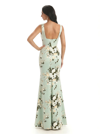 Elegant Spaghetti Straps Square Mermaid Long Satin Floral Formal Evening Dresses For Ladies