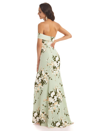 Sexy One Shoulder Sleeveless Mermaid Long Satin Floral Formal Dresses For Women