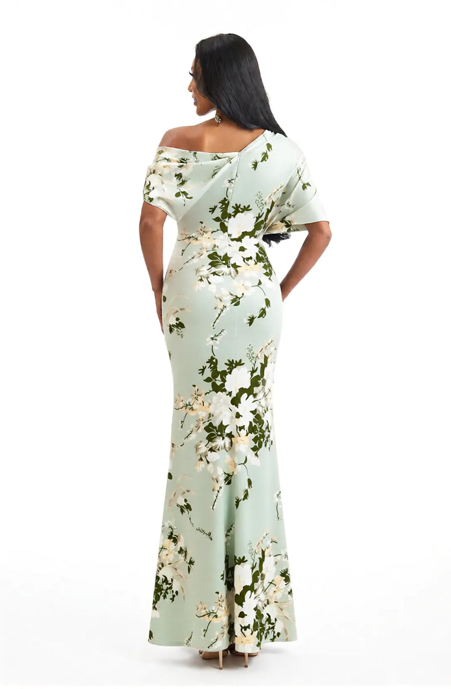 Elegant Half Sleeves Side Slit Mermaid Floral Satin Maxi Floral Formal Dresses For Women
