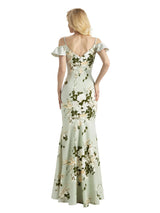 Beautiful Mermaid Cold Shoulder Floral Satin Maxi Floral Formal Dresses For Women