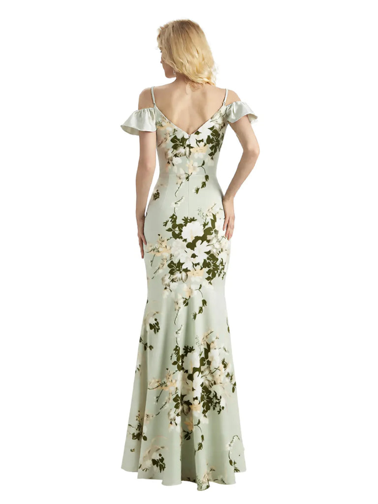 Beautiful Mermaid Cold Shoulder Floral Satin Maxi Floral Formal Dresses For Women
