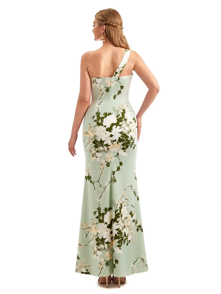 Beautiful One Shoulder Side Slit Mermaid Floral Satin Maxi Floral Formal Dresses For Women