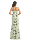 Elegant Spaghetti Straps Side Slit Mermaid Floral Satin Maxi Floral Formal Dresses For Women