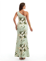 Simple One Shoulder Side Slit Mermaid Floral Satin Maxi Floral Formal Dresses For Women