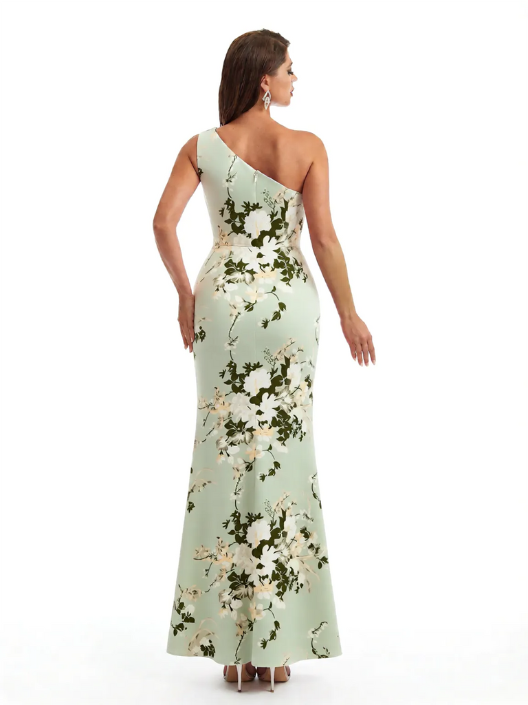 Simple One Shoulder Side Slit Mermaid Floral Satin Maxi Floral Formal Dresses For Women