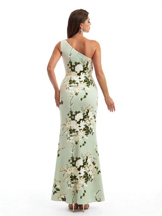 Simple One Shoulder Side Slit Mermaid Floral Satin Maxi Floral Formal Dresses For Women