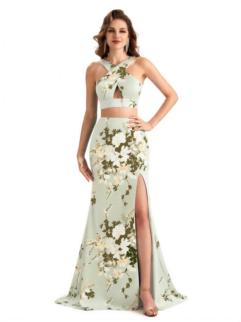 Beautiful Mermaid Halter Two Pieces Floral Satin Maxi Floral Formal Dresses For Women