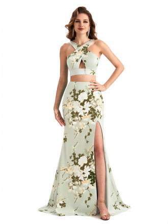 Beautiful Mermaid Halter Two Pieces Floral Satin Maxi Floral Formal Dresses For Women